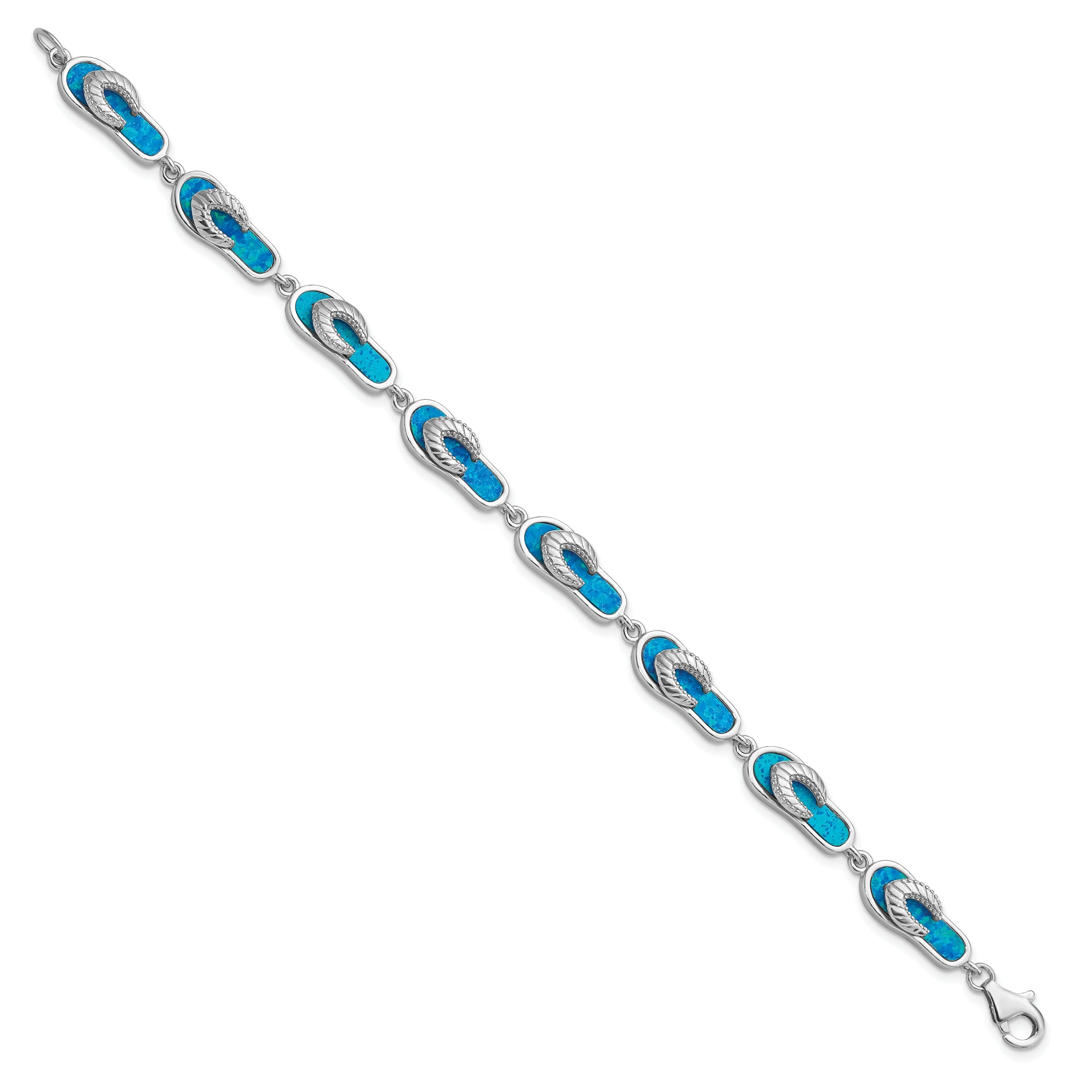 7 Inch Sterling Silver Rhodium-Plated 7In Created Blue Opal Inlay Sandal Bracelet