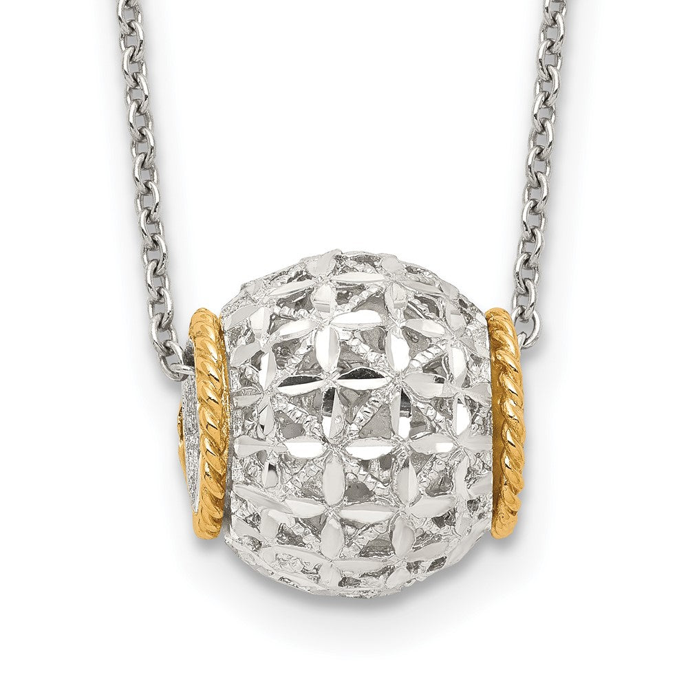 Sterling Silver Rhod-Pltd W/14K Accent Spinner Barrel Pendant Necklace