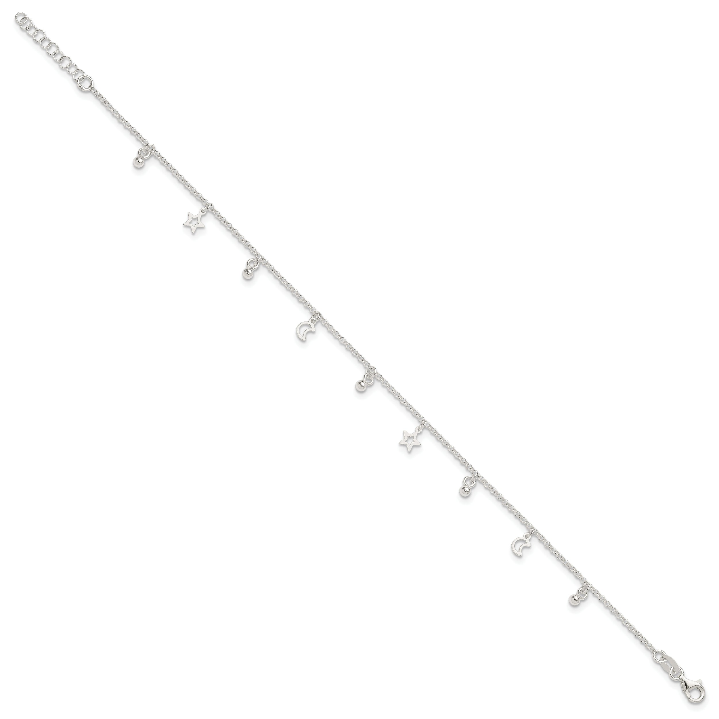 Sterling Silver Polished Bead Star And Moon 9In Plus 1In Ext. Anklet