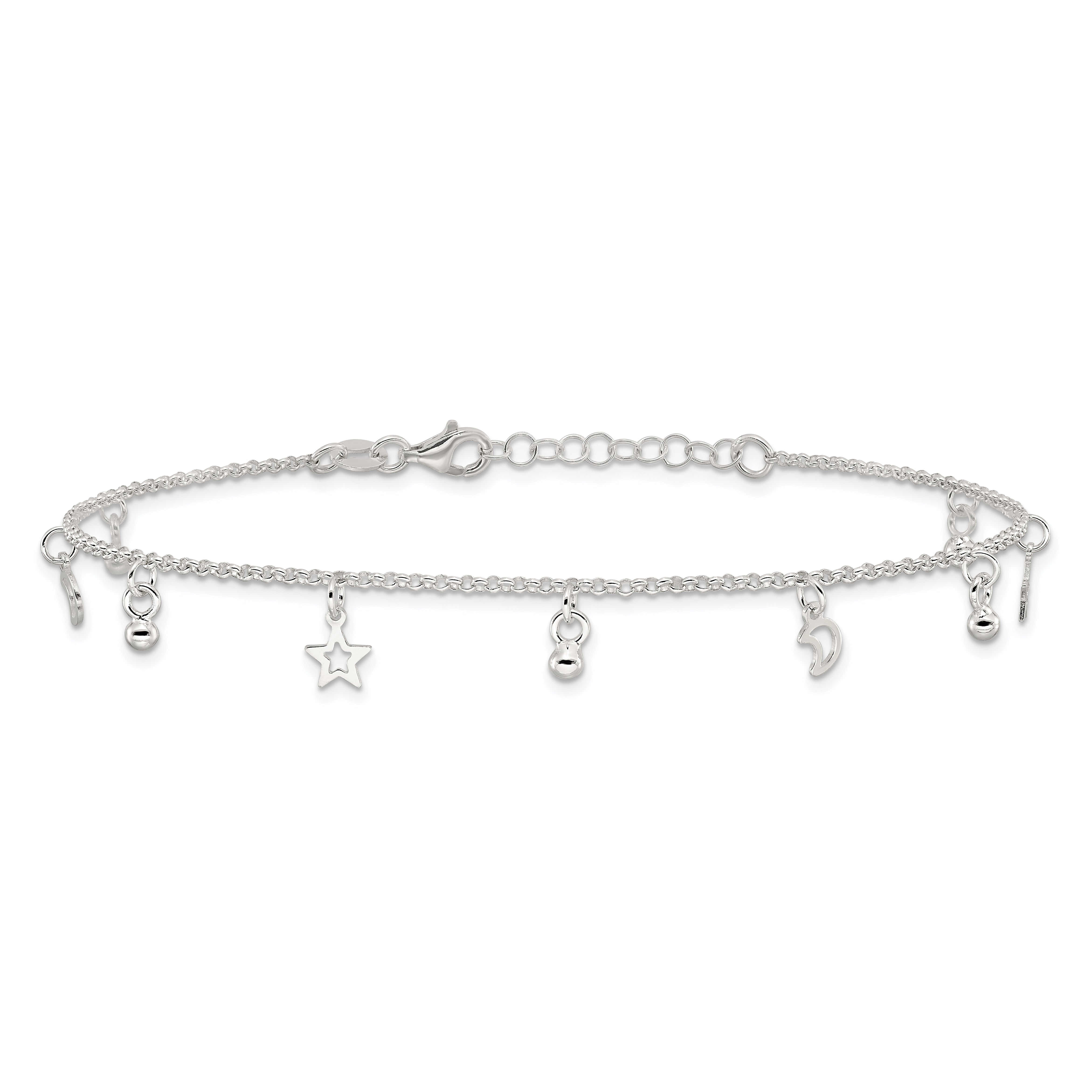 Sterling Silver Polished Bead Star And Moon 9In Plus 1In Ext. Anklet