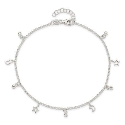 Sterling Silver Polished Bead Star And Moon 9In Plus 1In Ext. Anklet