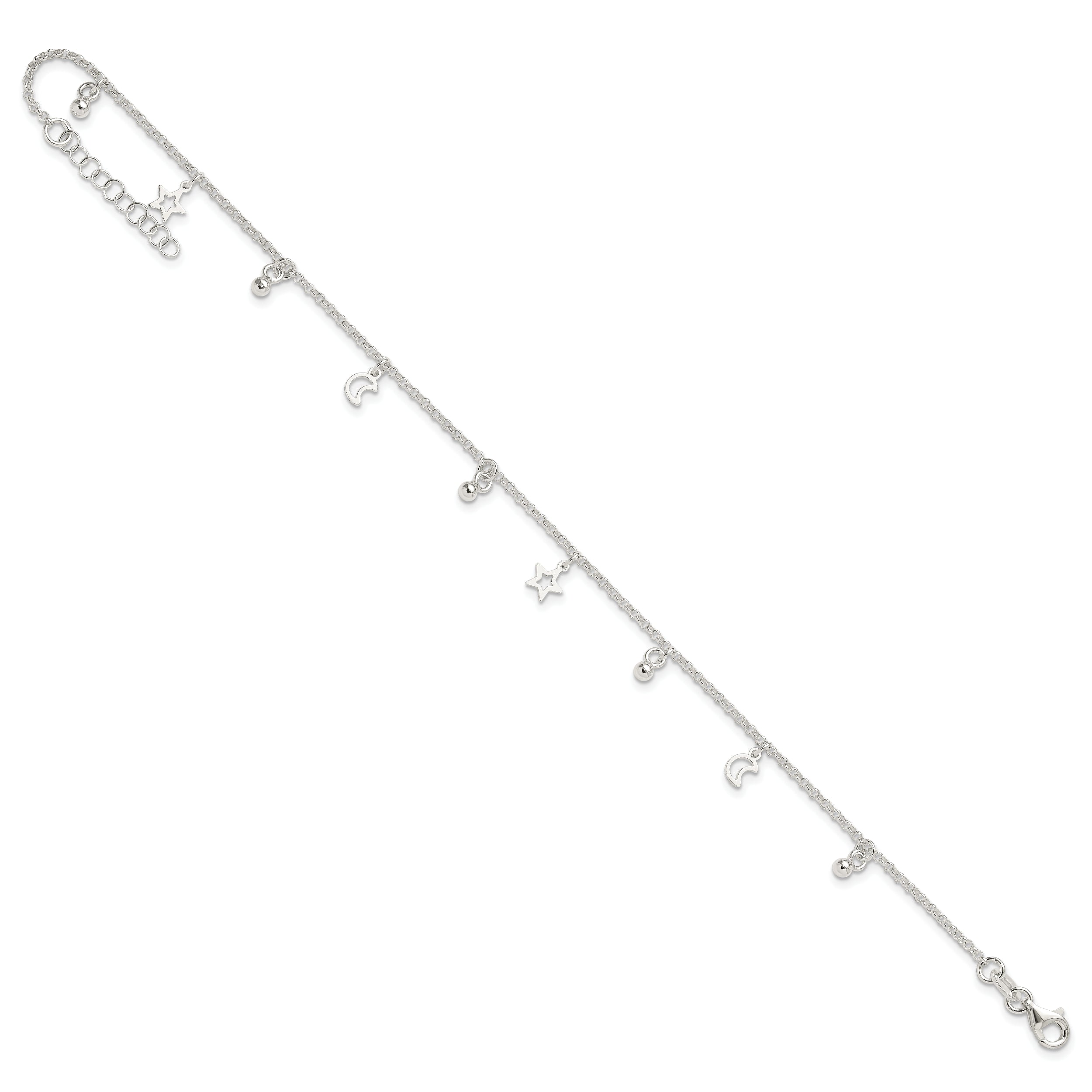 Sterling Silver Polished Bead Star And Moon 9In Plus 1In Ext. Anklet
