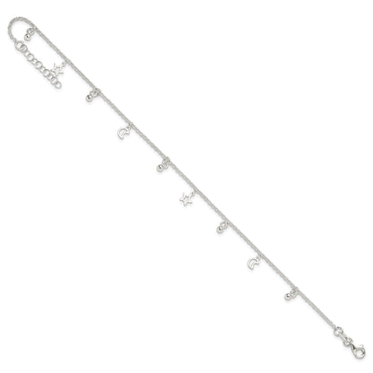 Sterling Silver Polished Bead Star And Moon 9In Plus 1In Ext. Anklet