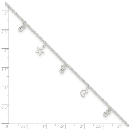 Sterling Silver Polished Bead Star And Moon 9In Plus 1In Ext. Anklet