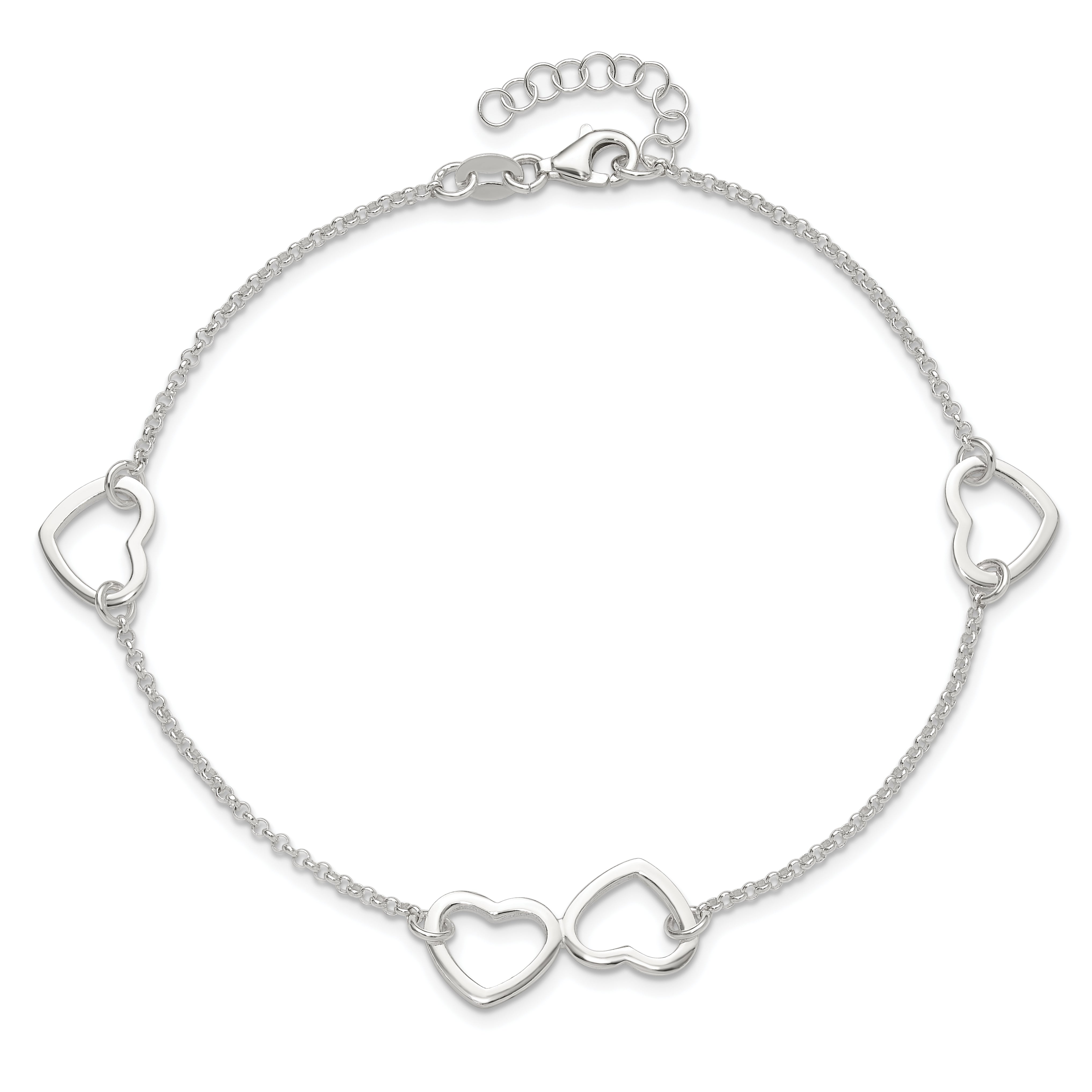 Sterling Silver Polished Heart 9In Plus 1In Ext. Anklet