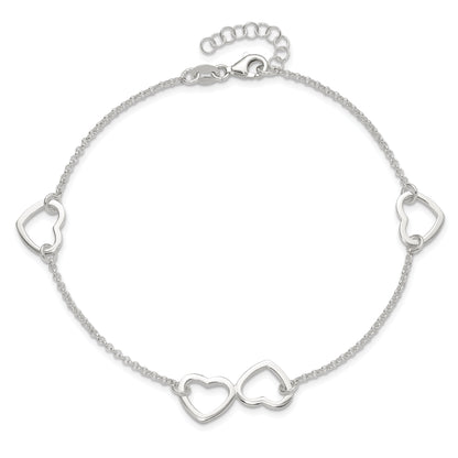 Sterling Silver Polished Heart 9In Plus 1In Ext. Anklet