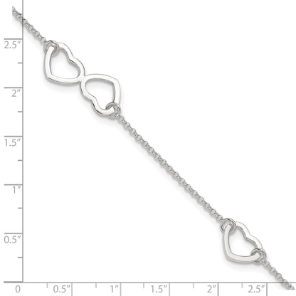 Sterling Silver Polished Heart 9In Plus 1In Ext. Anklet