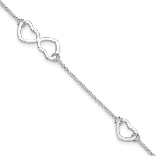 Sterling Silver Polished Heart 9In Plus 1In Ext. Anklet