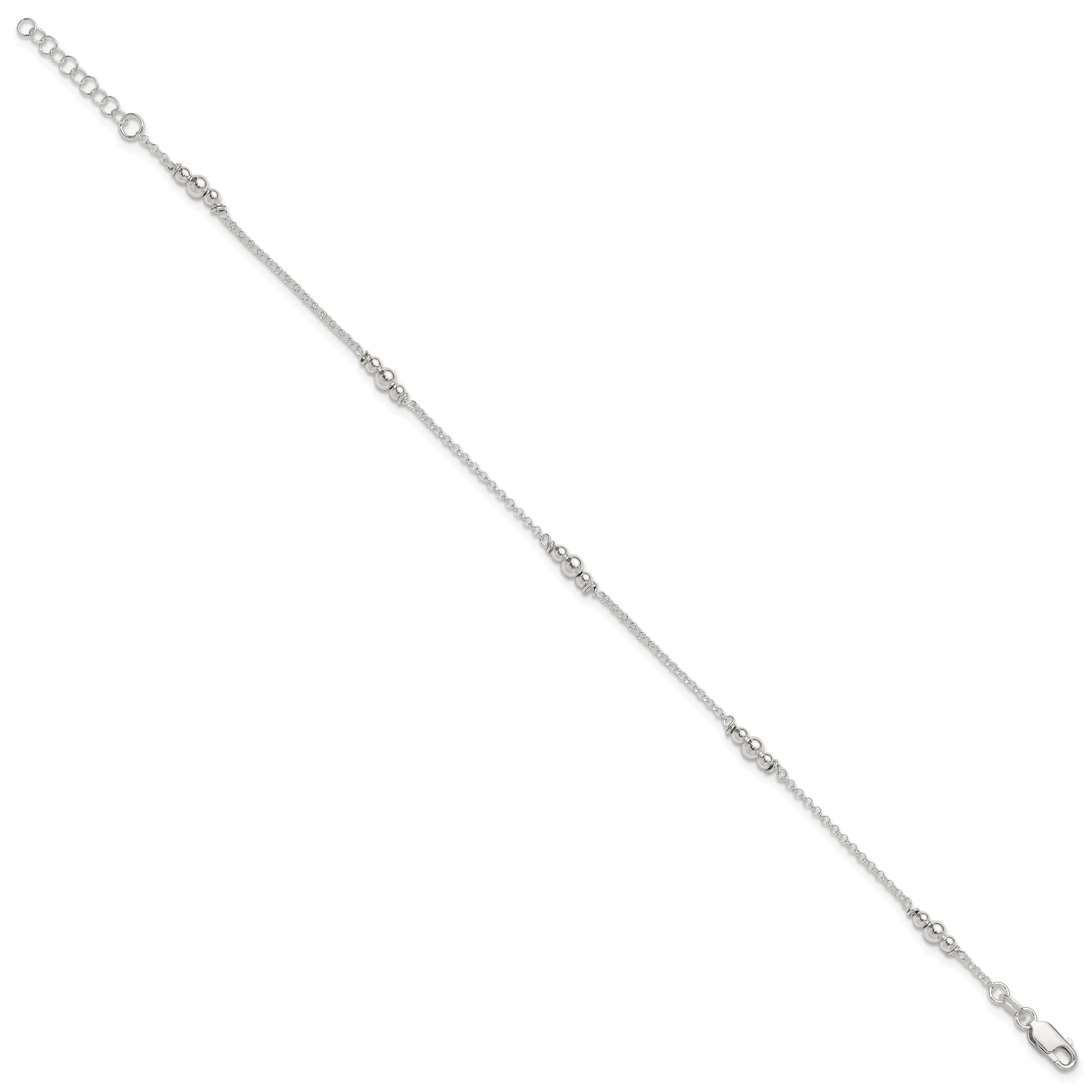 Sterling Silver Polished Bead 9In Plus 1In Ext. Anklet