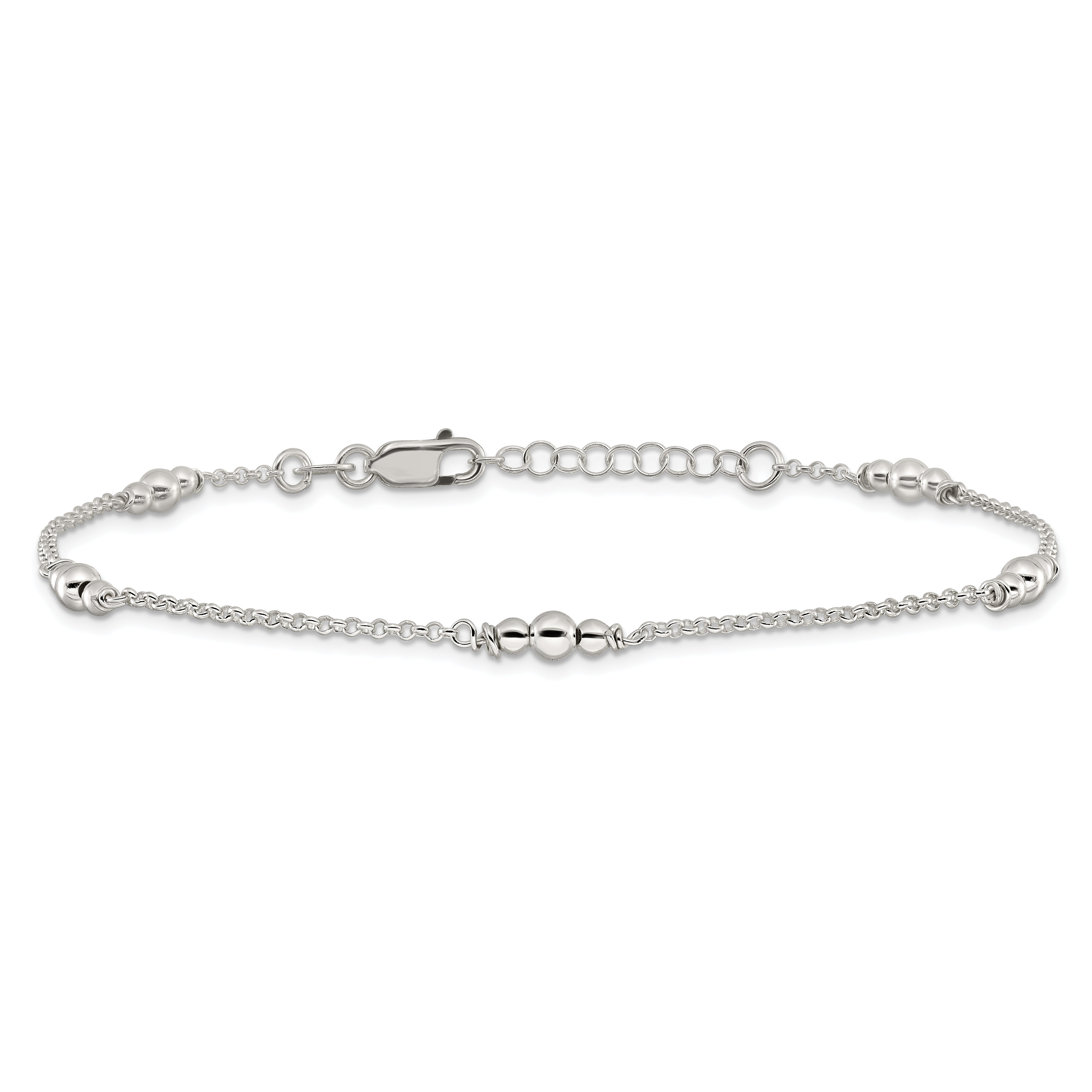 Sterling Silver Polished Bead 9In Plus 1In Ext. Anklet
