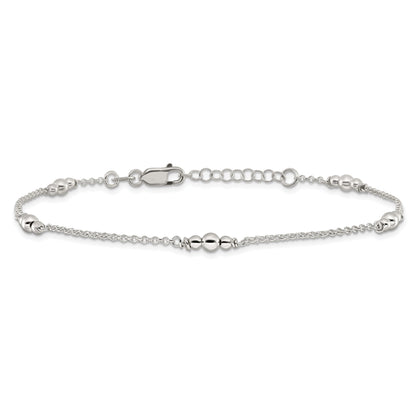 Sterling Silver Polished Bead 9In Plus 1In Ext. Anklet