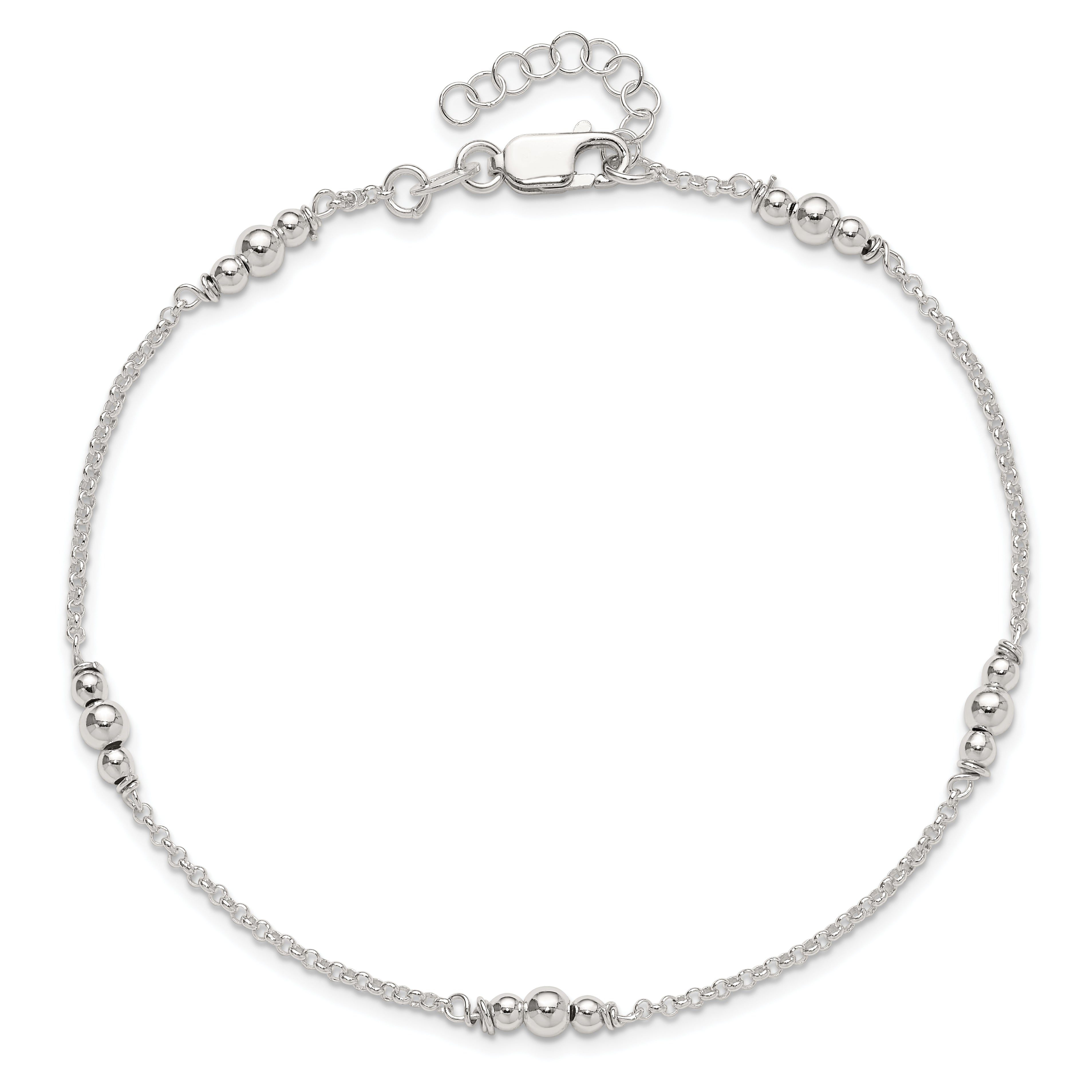 Sterling Silver Polished Bead 9In Plus 1In Ext. Anklet