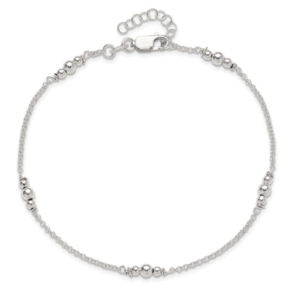 Sterling Silver Polished Bead 9In Plus 1In Ext. Anklet