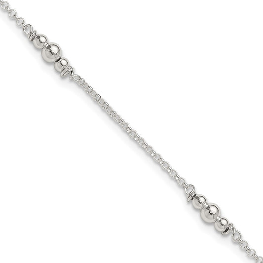 Sterling Silver Polished Bead 9In Plus 1In Ext. Anklet