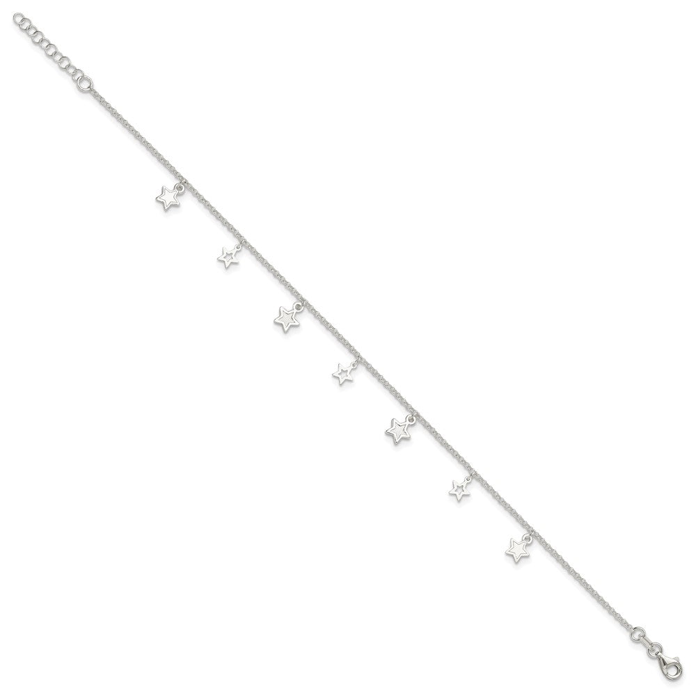 Sterling Silver Polished And Textured Star 9In Plus 1In Ext. Anklet