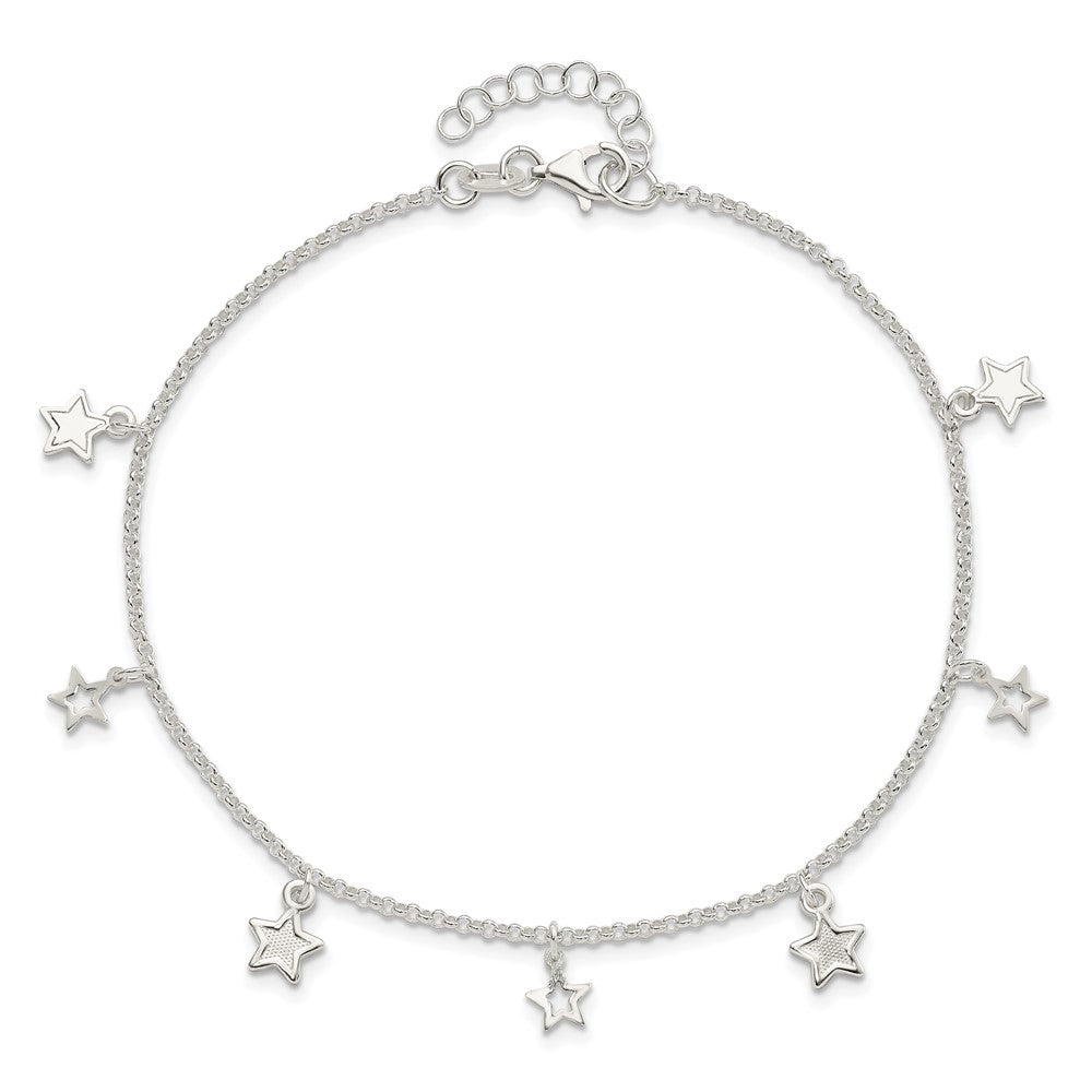 Sterling Silver Polished And Textured Star 9In Plus 1In Ext. Anklet