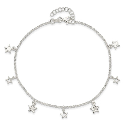 Sterling Silver Polished And Textured Star 9In Plus 1In Ext. Anklet