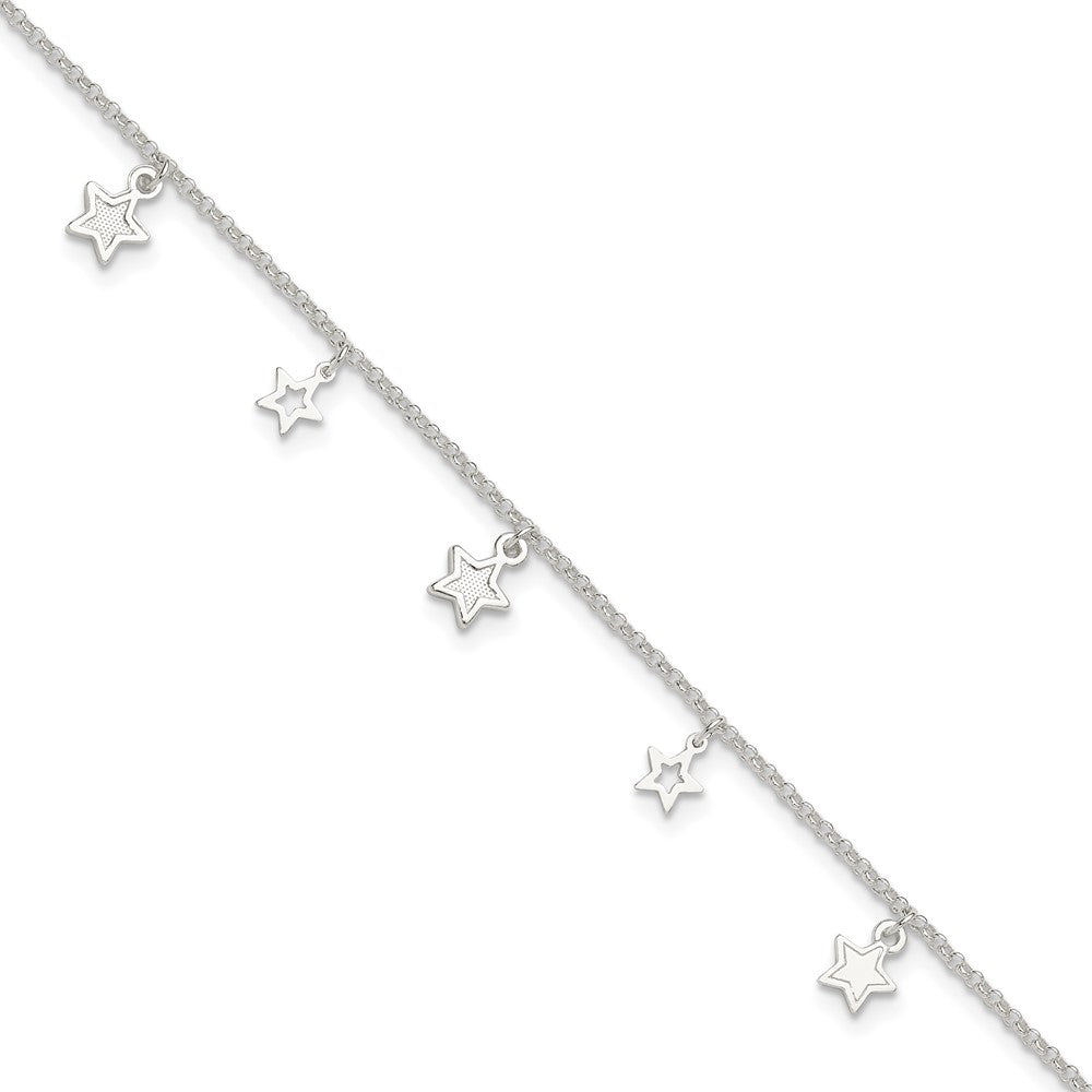 Sterling Silver Polished And Textured Star 9In Plus 1In Ext. Anklet