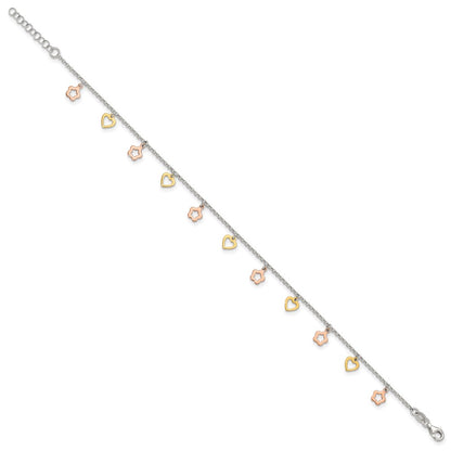 Sterling Silver Gold And Rose-Tone Heart Flower 9In Plus 1In Ext. Anklet