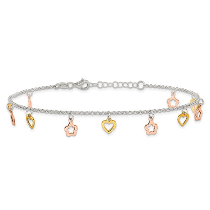 Sterling Silver Gold And Rose-Tone Heart Flower 9In Plus 1In Ext. Anklet