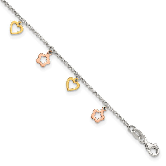 Sterling Silver Gold And Rose-Tone Heart Flower 9In Plus 1In Ext. Anklet