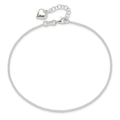 Sterling Silver Polished Heart 9In Plus 1In Ext. Anklet
