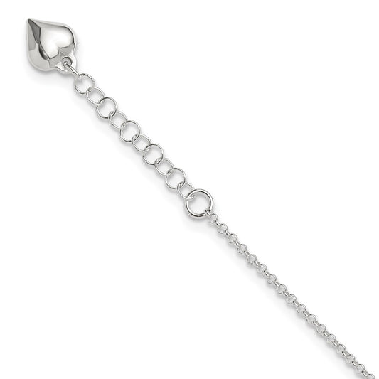 Sterling Silver Polished Heart 9In Plus 1In Ext. Anklet