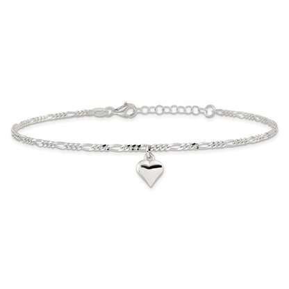 Sterling Silver Polished Heart 9 In Plus 1In Ext. Anklet