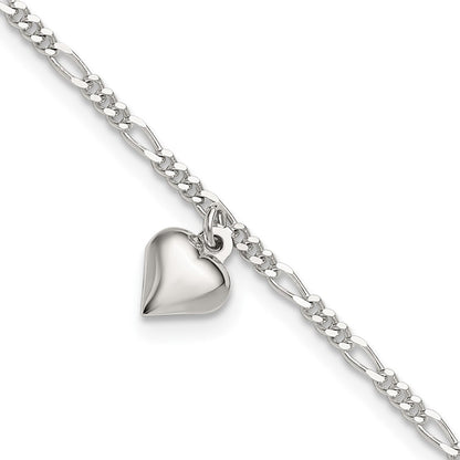 Sterling Silver Polished Heart 9 In Plus 1In Ext. Anklet