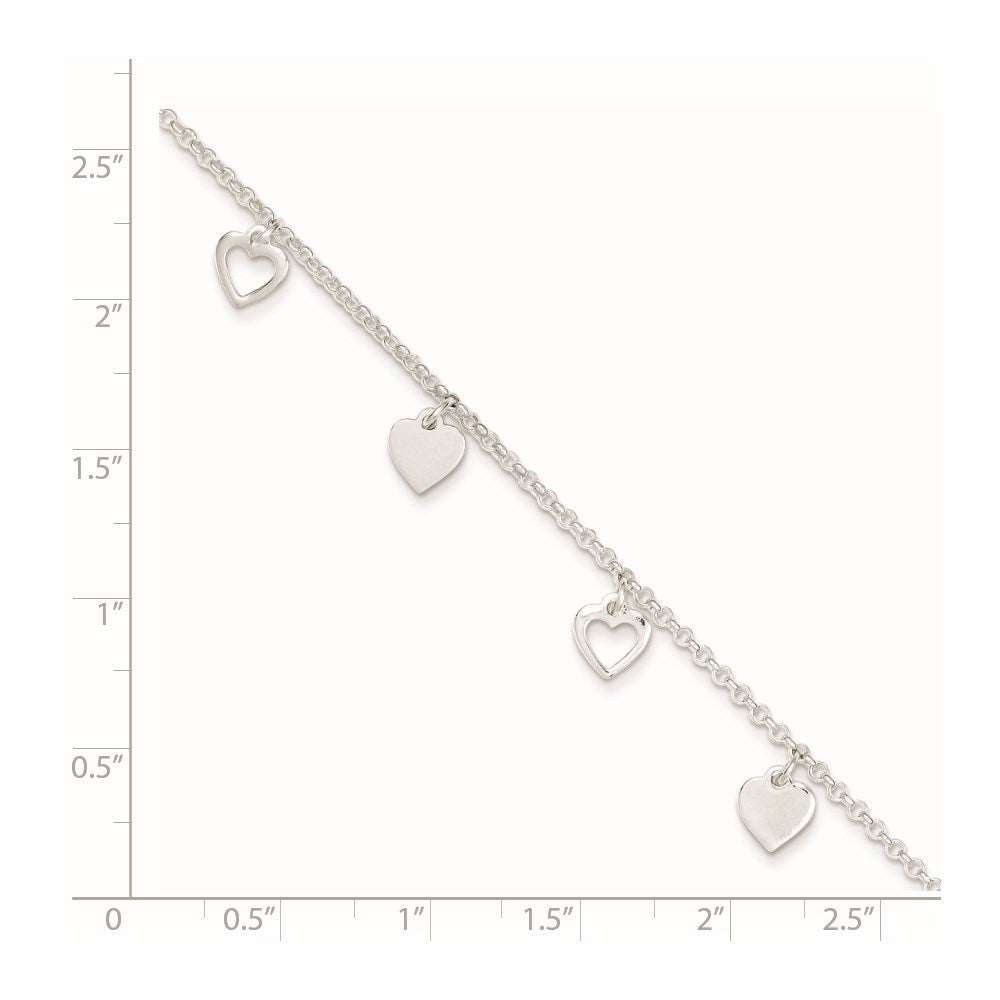 Sterling Silver 9 Inch Polished Heart With 1In Ext. Anklet