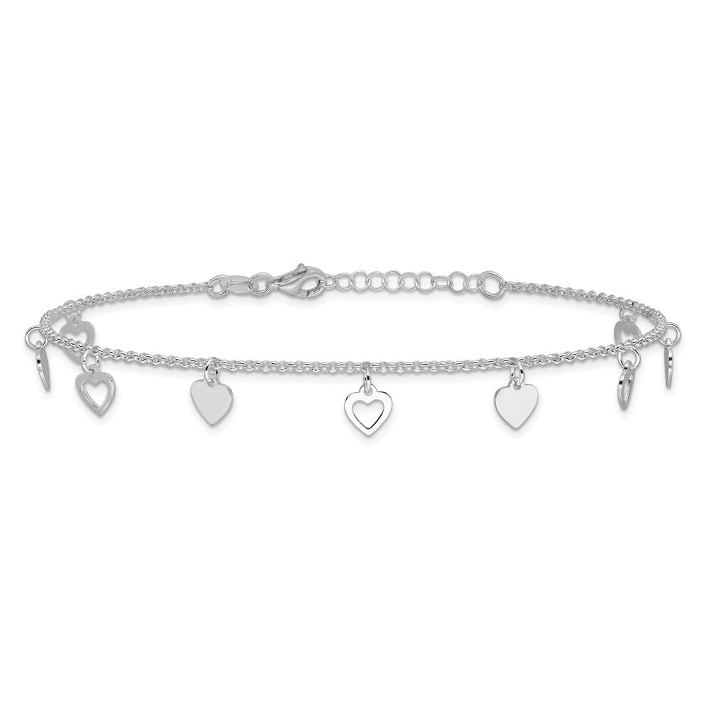 Sterling Silver 9 Inch Polished Heart With 1In Ext. Anklet