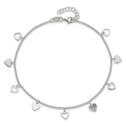 Sterling Silver 9 Inch Polished Heart With 1In Ext. Anklet