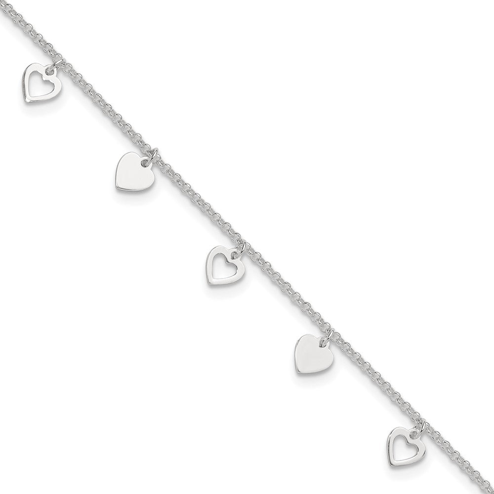 Sterling Silver 9 Inch Polished Heart With 1In Ext. Anklet