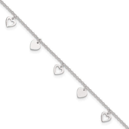 Sterling Silver 9 Inch Polished Heart With 1In Ext. Anklet
