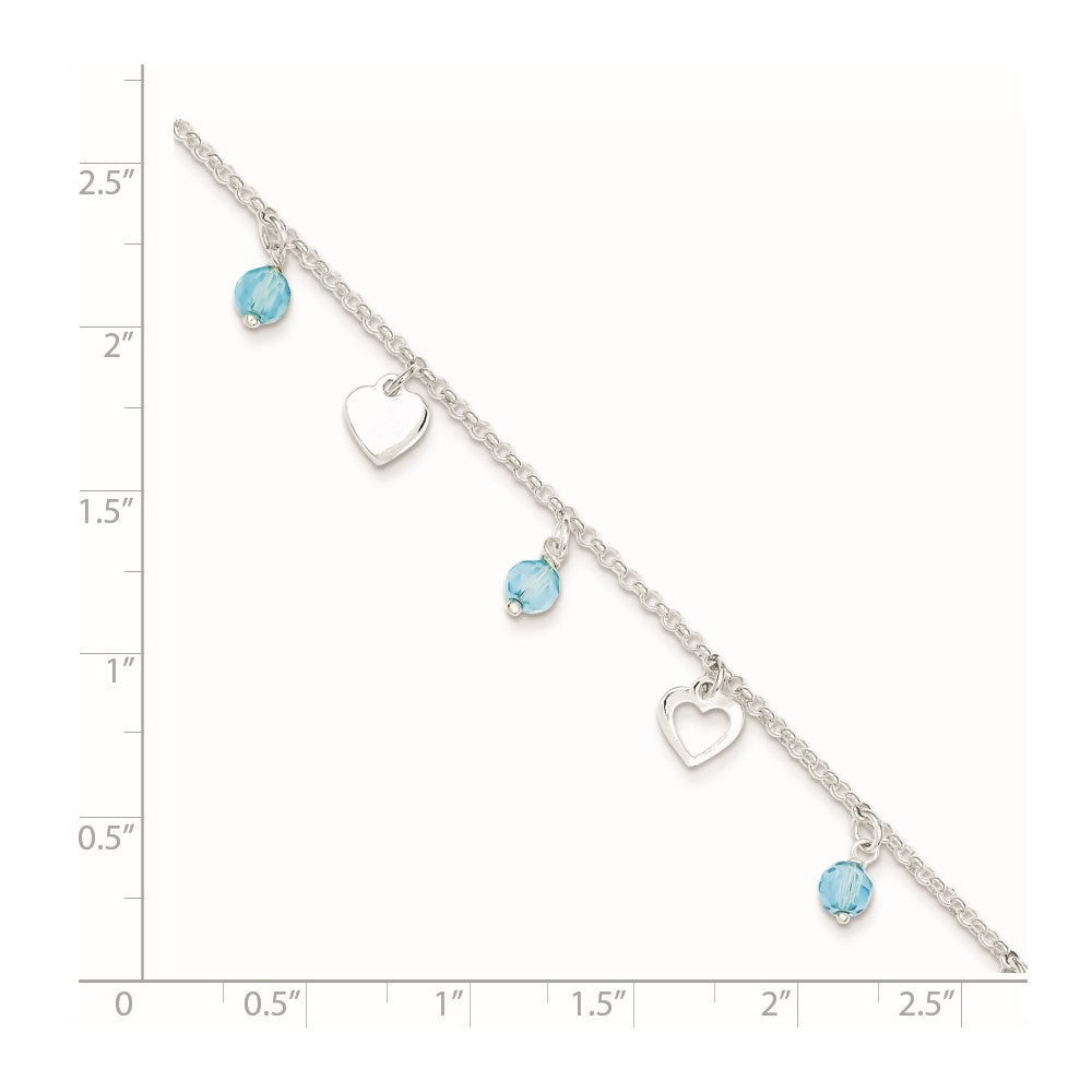 Sterling Silver 9 Inch Heart And Blue Glass Plus1In Ext. Anklet