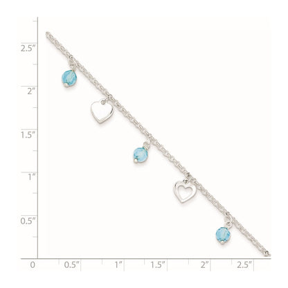 Sterling Silver 9 Inch Heart And Blue Glass Plus1In Ext. Anklet