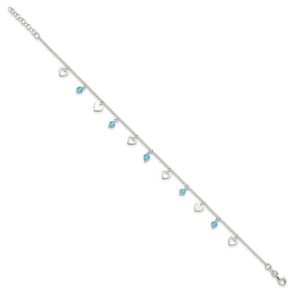 Sterling Silver 9 Inch Heart And Blue Glass Plus1In Ext. Anklet
