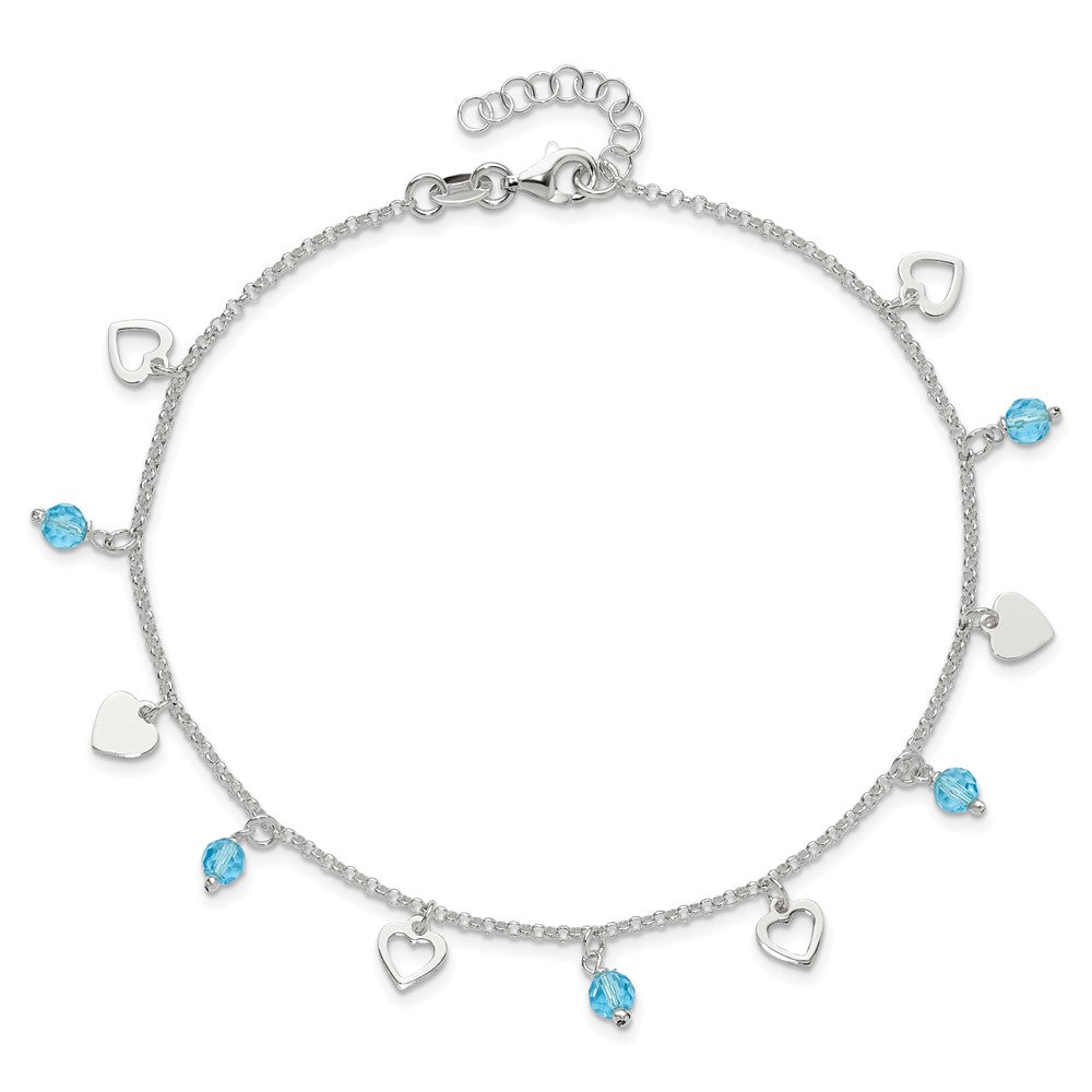 Sterling Silver 9 Inch Heart And Blue Glass Plus1In Ext. Anklet
