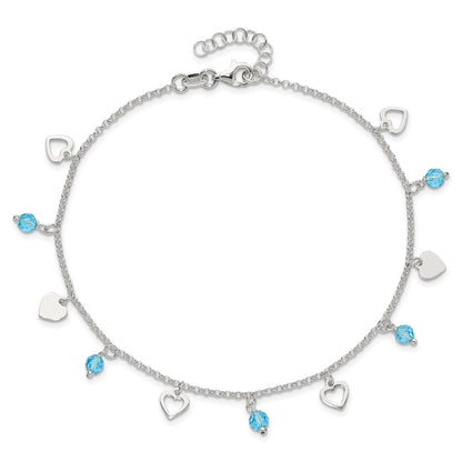 Sterling Silver 9 Inch Heart And Blue Glass Plus1In Ext. Anklet