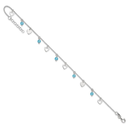 Sterling Silver 9 Inch Heart And Blue Glass Plus1In Ext. Anklet