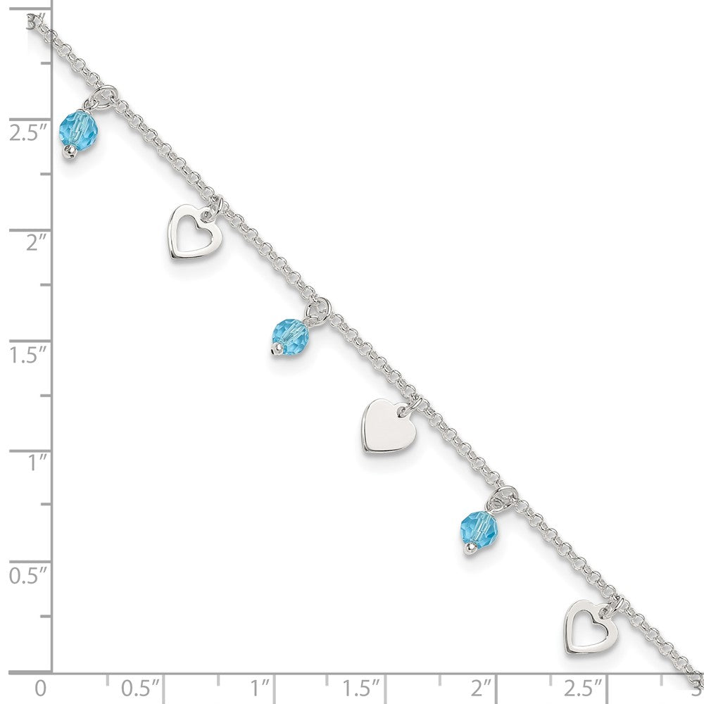Sterling Silver 9 Inch Heart And Blue Glass Plus1In Ext. Anklet