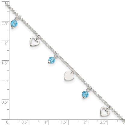Sterling Silver 9 Inch Heart And Blue Glass Plus1In Ext. Anklet