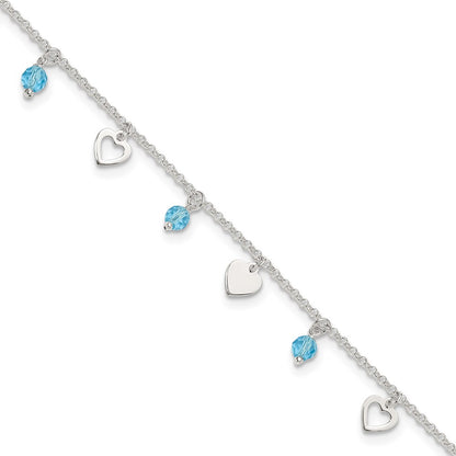 Sterling Silver 9 Inch Heart And Blue Glass Plus1In Ext. Anklet