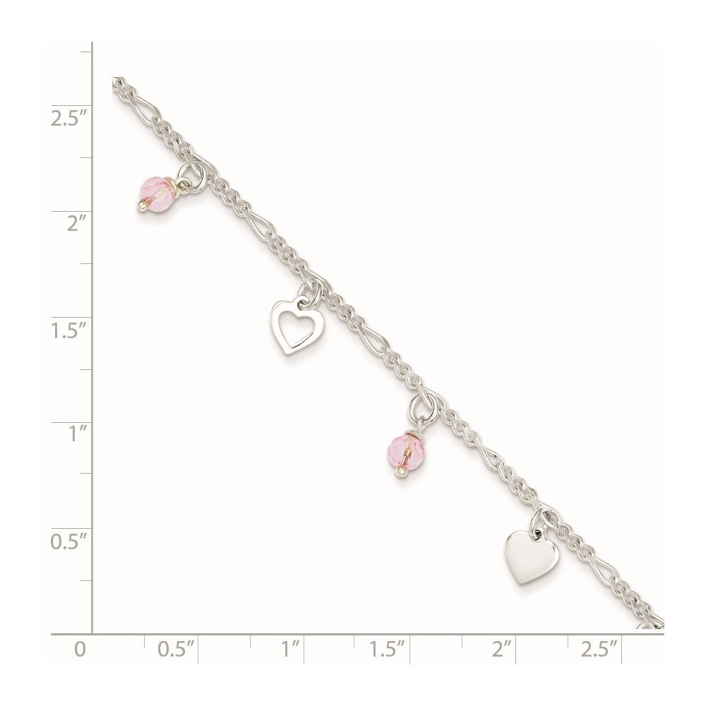 Sterling Silver Pink Glass Beads And Polished Hearts 9 Inch Anklet With 1 Extension