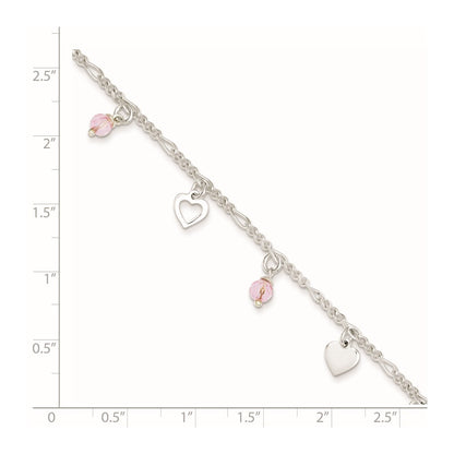 Sterling Silver Pink Glass Beads And Polished Hearts 9 Inch Anklet With 1 Extension