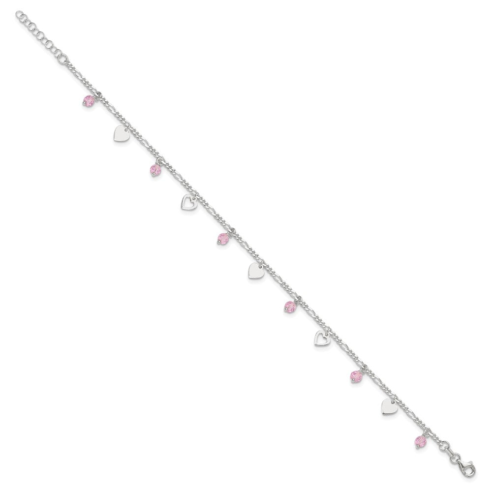 Sterling Silver Pink Glass Beads And Polished Hearts 9 Inch Anklet With 1 Extension