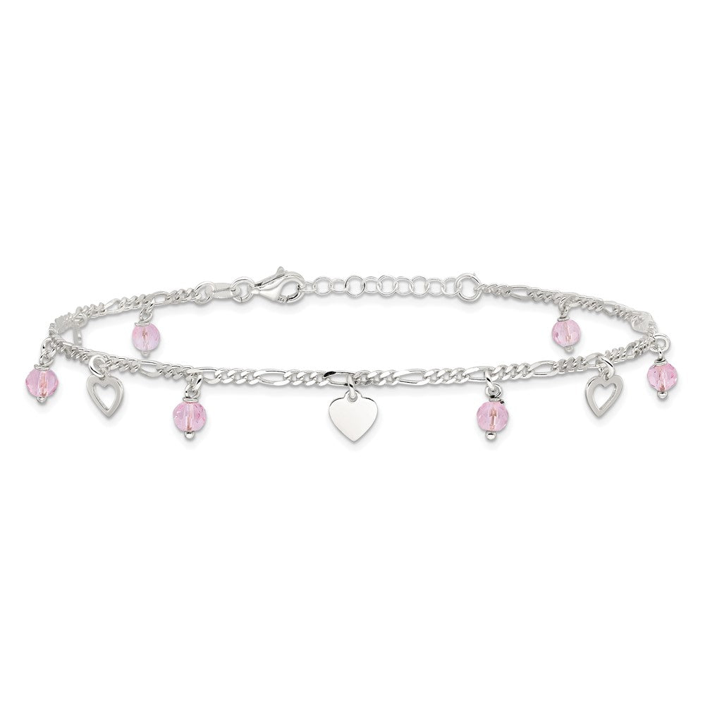 Sterling Silver Pink Glass Beads And Polished Hearts 9 Inch Anklet With 1 Extension