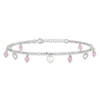 Sterling Silver Pink Glass Beads And Polished Hearts 9 Inch Anklet With 1 Extension