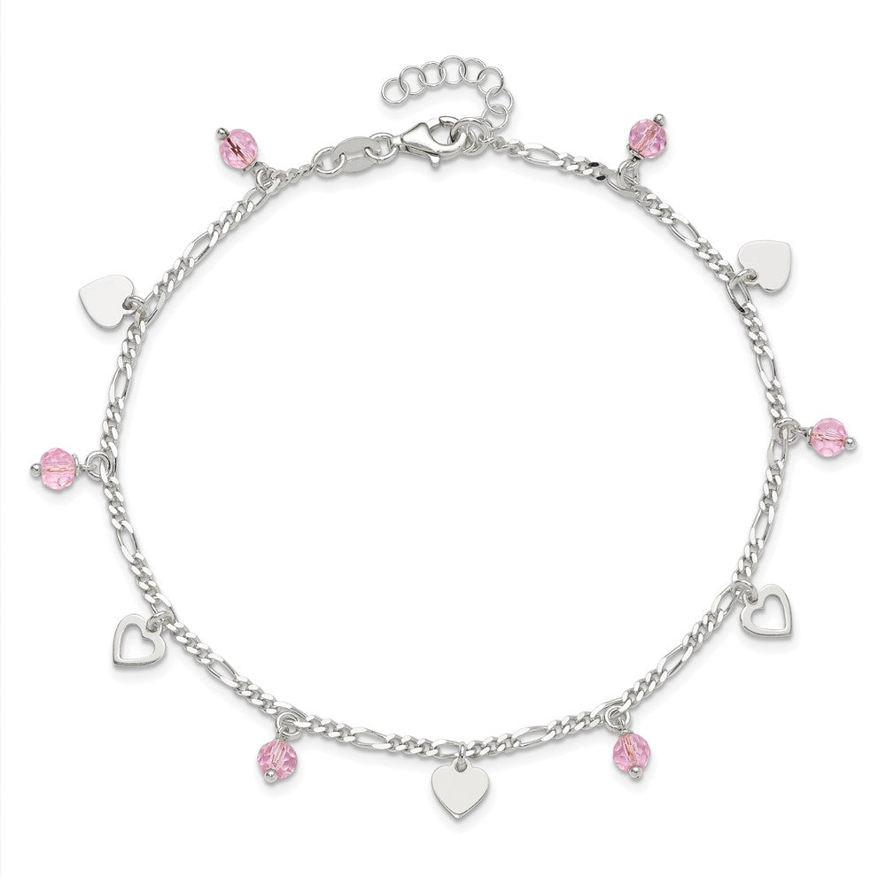 Sterling Silver Pink Glass Beads And Polished Hearts 9 Inch Anklet With 1 Extension