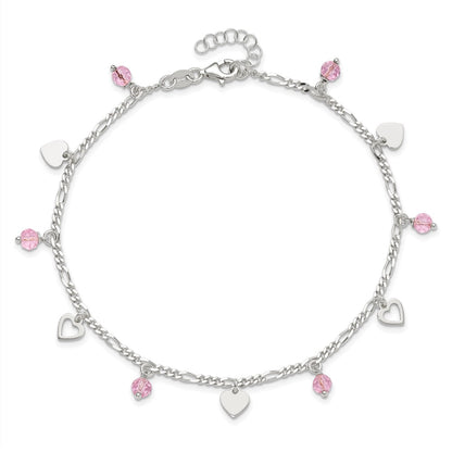 Sterling Silver Pink Glass Beads And Polished Hearts 9 Inch Anklet With 1 Extension